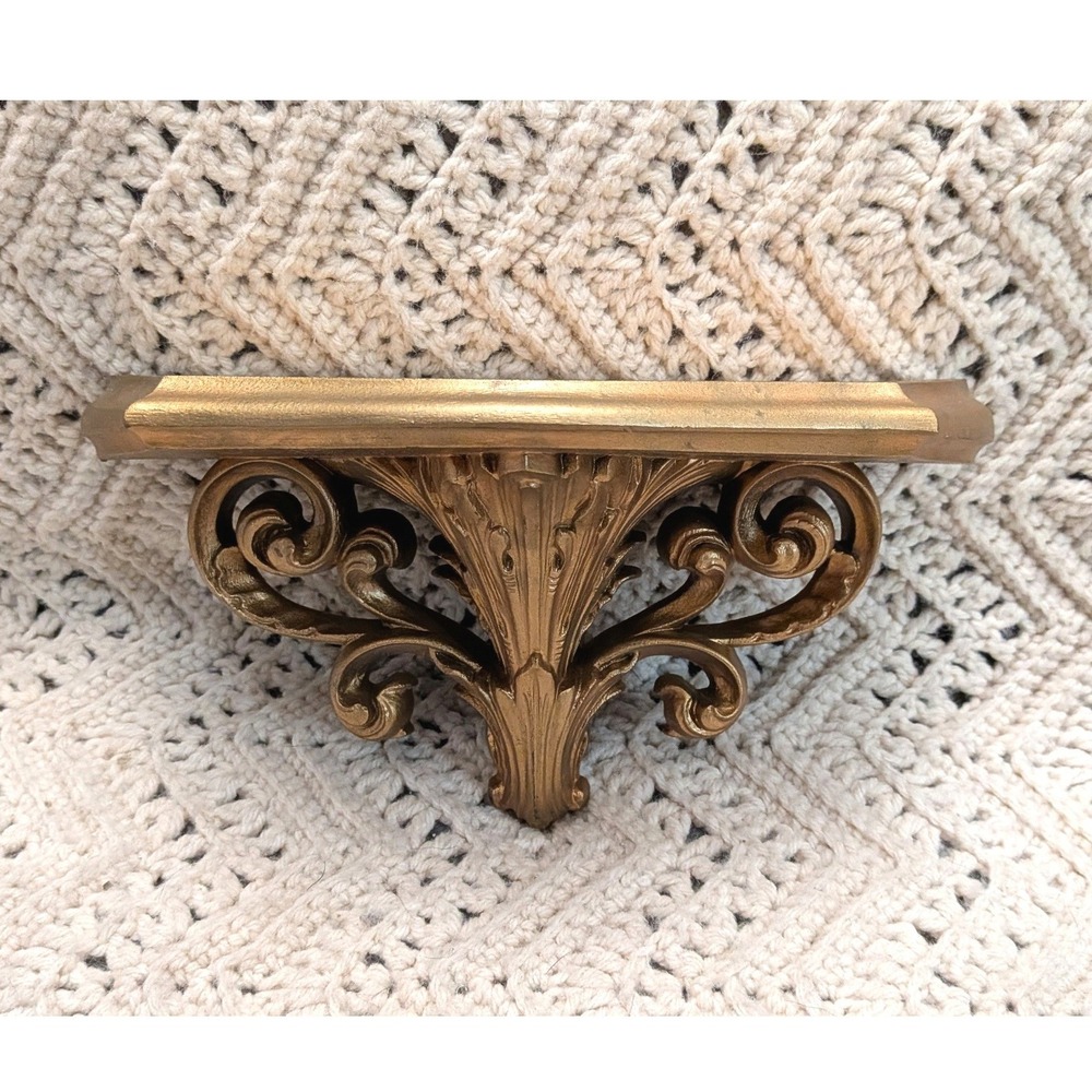 Vintage Gold Ornate Wall Shelf Scrollwork Acanthus Leaf Floating Corbel 9.5in